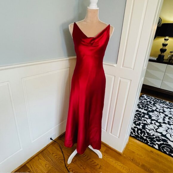 Vintage Ann Taylor 100% Silk Cowl Drape Neck Midi Slip Dress Red Satin XS/4P - Picture 2 of 10